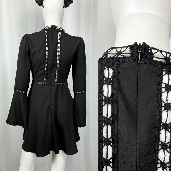 Storets gothic witchy bell sleeve peek-a-boo lace mini swing dress small - Picture 3 of 6